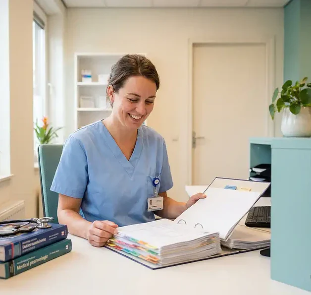 Doktersassistente in scrubs bestudeert een cursusmap aan een opgeruimde receptiebalie in een Nederlandse huisartsenpraktijk.