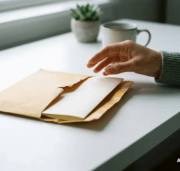 Gedeeltelijk geopende manila envelop op wit bureau met gevouwen brief en aarzelende hand in zacht natuurlijk licht.