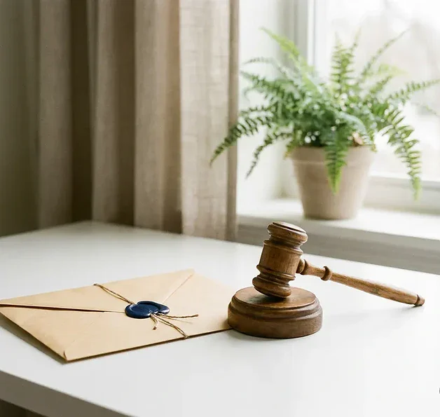 Verzegelde manila envelop naast een houten hamer op een wit bureau, met een wazige groene plant op de achtergrond.