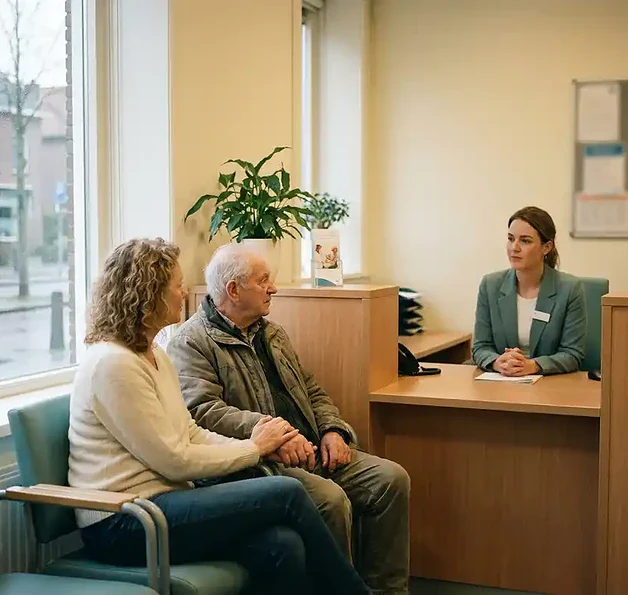 Familielid houdt hand vast van oudere patiënt aan receptiebalie in Nederlandse kliniek, terwijl zorgmedewerker empathisch luistert.