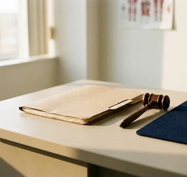 Gesloten manila dossiermappen naast een houten hamer op een klinisch bureau, zacht middaglicht, rustige sfeer.