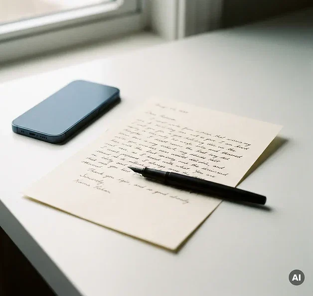 Handgeschreven brief op crèmepapier naast een smartphone op wit bureau, met pen erbovenop en zacht natuurlijk licht.