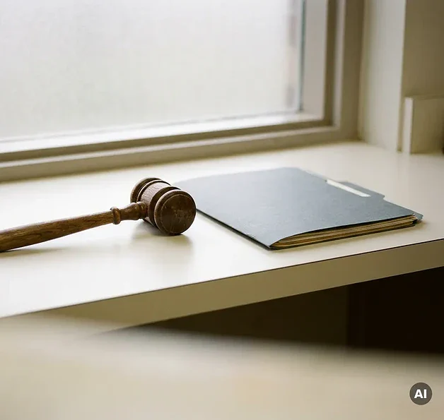Houten rechtershamer op klinisch bureau naast gesloten patiëntendossier, zacht natuurlijk licht in zorgadministratieve omgeving.