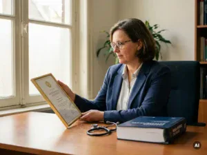 Nederlandse huisarts bestudeert accreditatiecertificaat aan klinisch bureau met stethoscoop en medische map, warm natuurlijk licht.