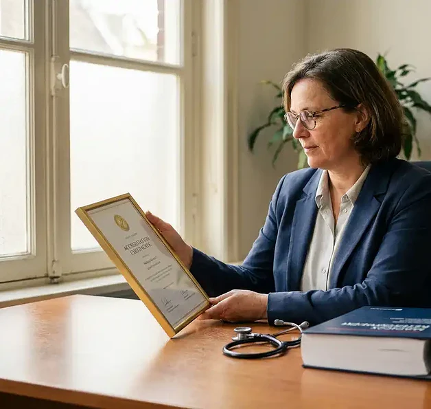 Nederlandse huisarts bestudeert accreditatiecertificaat aan klinisch bureau met stethoscoop en medische map, warm natuurlijk licht.