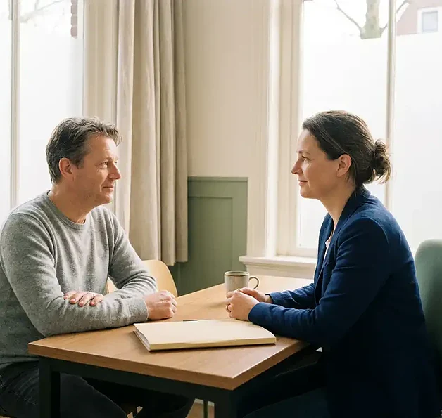 Patiënt in gesprek met huisarts in Nederlandse spreekkamer, gesloten map op bureau, natuurlijk licht door matglas.