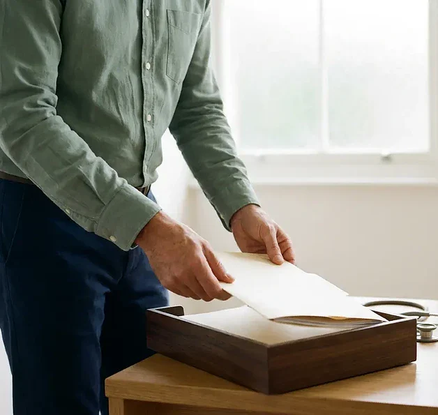 Huisarts legt medisch document in houten postbak op klinisch bureau, stethoscoop ernaast, zacht natuurlijk licht.