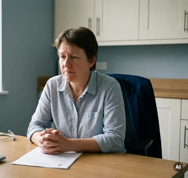 Huisarts aan klinisch bureau met gevouwen handen op een klachtenbrief, stethoscoop nabij, gespannen maar beheerste uitdrukking.