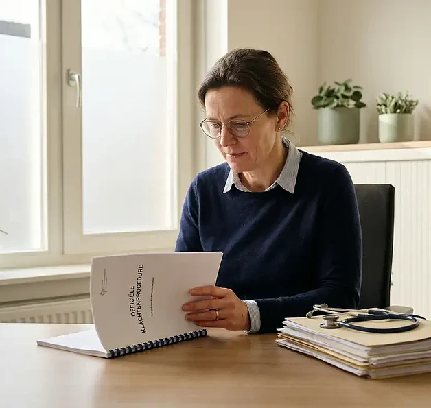 Nederlandse huisarts bestudeert klachtenprocedure document aan klinisch bureau met stethoscoop, zachte natuurlijke belichting.