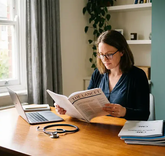 Huisarts leest medisch tijdschrift aan klinisch bureau met stethoscoop en laptop, omringd door nascholingsmateriaal in warm natuurlijk licht.