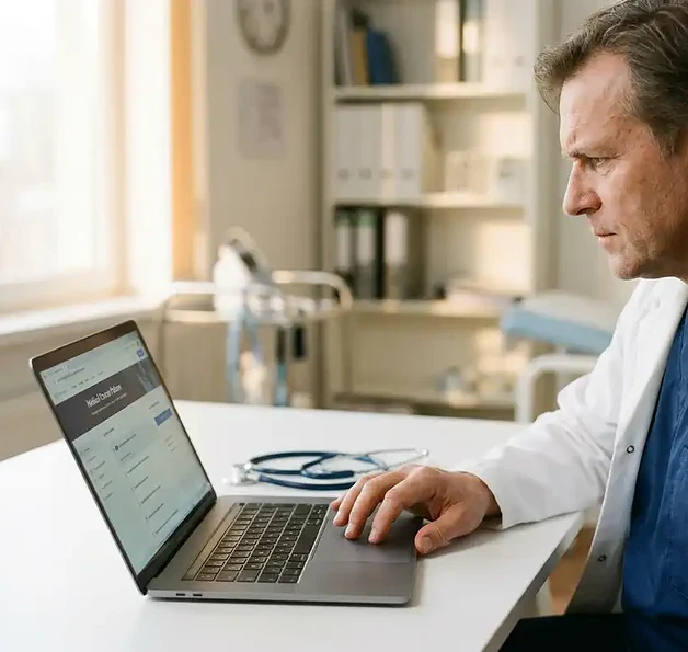 Huisarts volgt online accreditatiecursus op laptop aan wit bureau met stethoscoop, warm natuurlijk licht.
