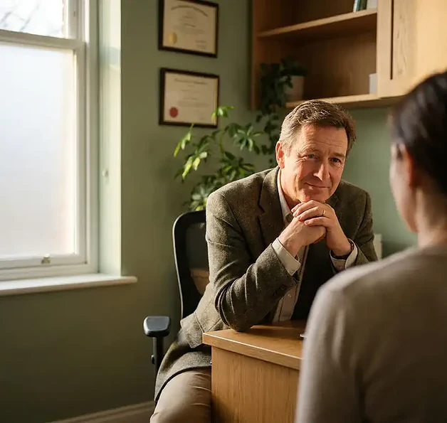 Huisarts luistert aandachtig naar patiënt tijdens consult in rustige spreekkamer met warm natuurlijk licht.
