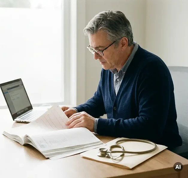 Huisarts bestudeert patiëntendossier aan klinisch bureau met stethoscoop, zacht natuurlijk licht, rustige professionele sfeer.