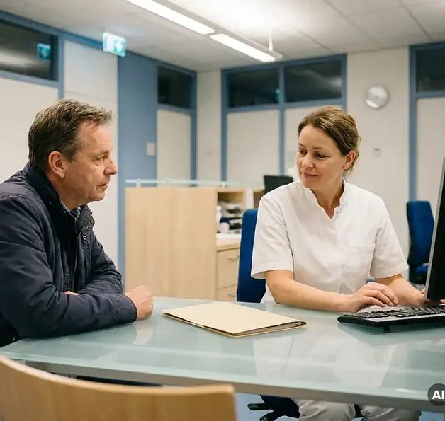 Patiënt en triageverpleegkundige aan balie van Nederlandse huisartsenpost, gesloten klachtenmap op tafel, rustige klinische sfeer.