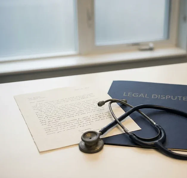 Patiëntklachtbrief en juridische geschillenmap op klinisch bureau met stethoscoop, zacht natuurlijk licht.