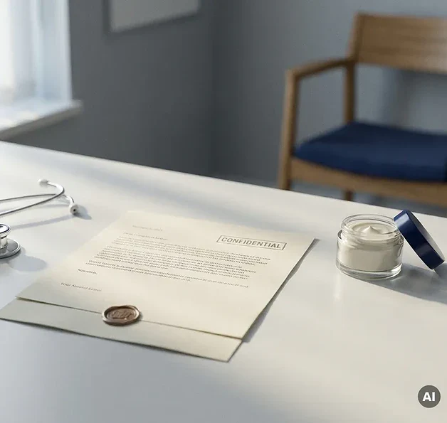 Formele klachtenbrief op wit bureau naast stethoscoop en cosmetische crème, symboliseert medische klachtenprocedure.