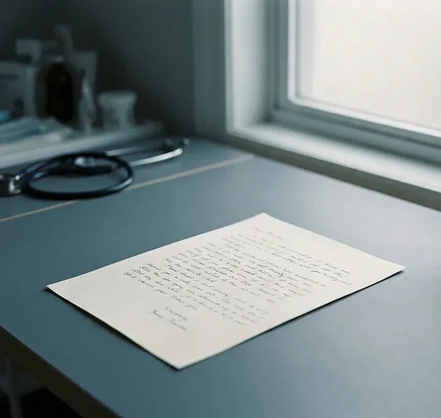 Handgeschreven klachtenbrief op een klinisch bureau naast een analoge klok, met een stethoscoop vaag op de achtergrond.