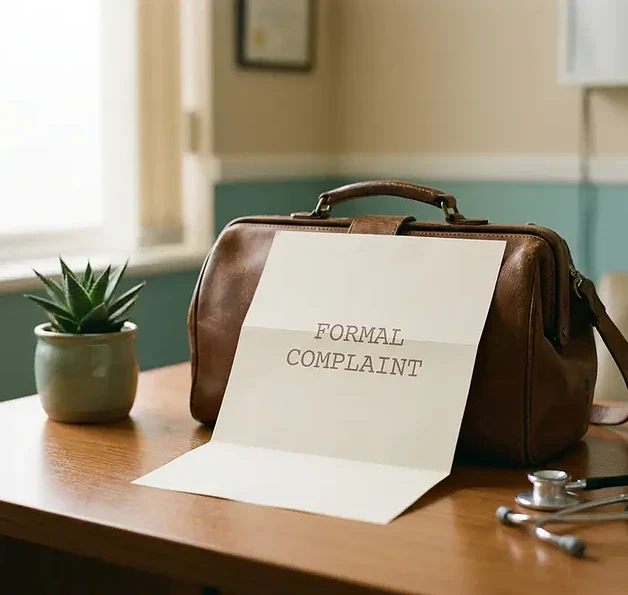 Formele klachtenbrief op een klinisch bureau naast een verloskundigentas en klein potplantje, zacht natuurlijk licht.