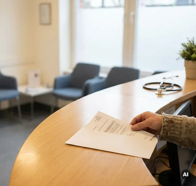 Hand die een formele klachtenbrief neerlegt op een klinische receptiebalie met een stethoscoop, zacht natuurlijk licht.