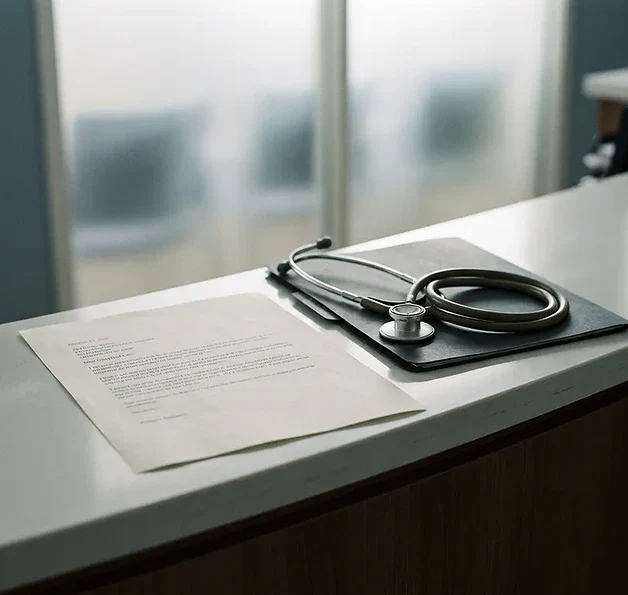 Formele klachtenbrief op een klinische receptiebalie naast een stethoscoop en gesloten patiëntendossier.