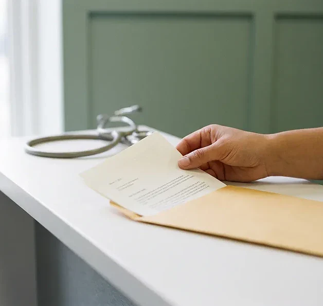 Hand die een formele brief in een manila envelop schuift op een klinische receptiebalie, met een stethoscoop op de achtergrond.