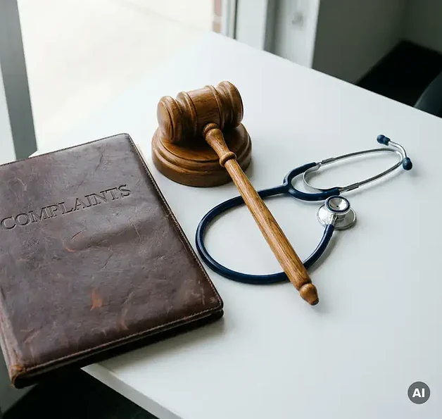Versleten leren klachtenmap en houten hamer op wit bureau met stethoscoop, symbolen van medisch tuchtrecht.