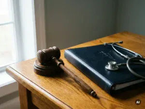 Houten rechtershamer naast leren medisch dossier op eikenhouten tafel, met stethoscoop, symboliseert medisch tuchtrecht.