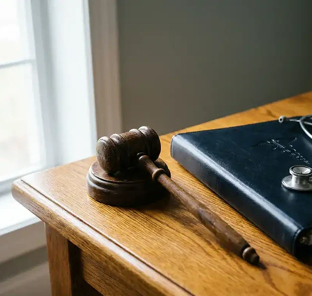 Houten rechtershamer naast leren medisch dossier op eikenhouten tafel, met stethoscoop, symboliseert medisch tuchtrecht.