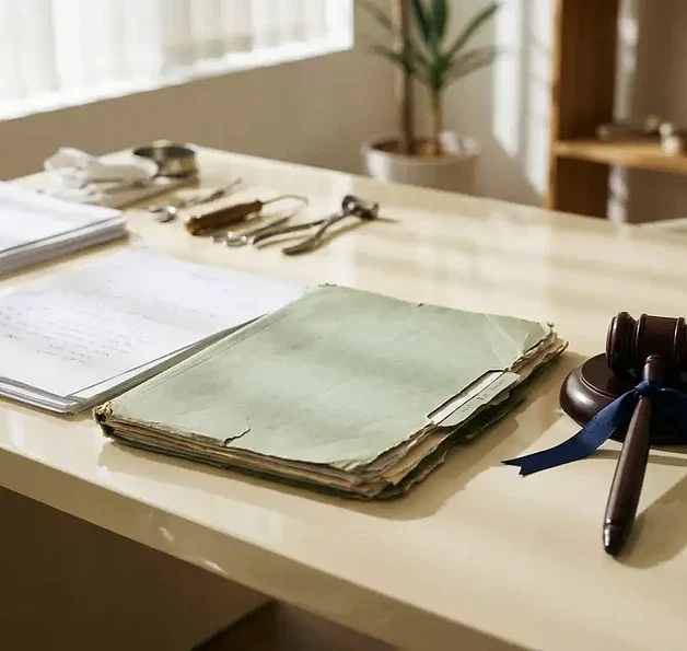 Versleten patiëntendossier naast een kleine houten hamer op een klinisch bureau, zacht natuurlijk licht, medisch-juridische context.
