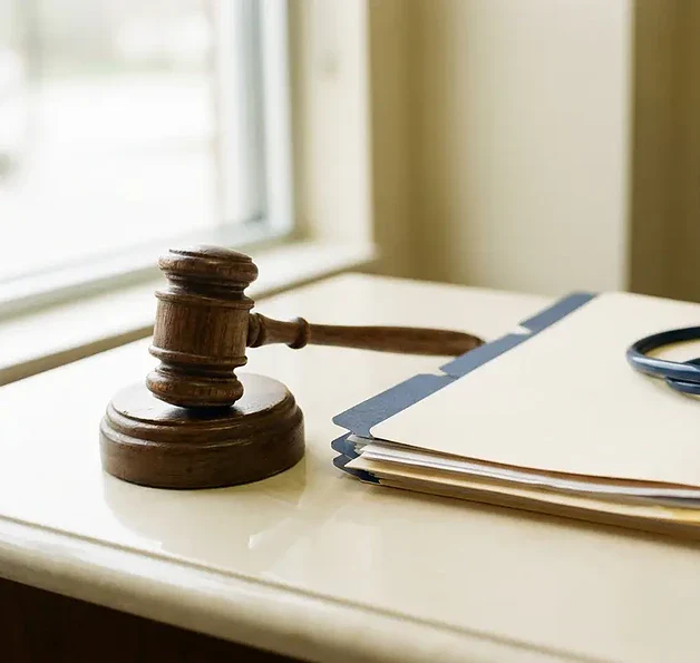 Versleten houten hamer naast een medisch patiëntendossier op een klinisch bureau, met een stethoscoop en zacht natuurlijk licht.