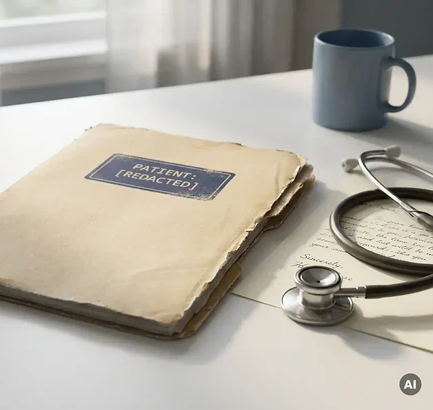 Versleten medisch dossier op klinisch bureau naast stethoscoop, met gedeeltelijk zichtbare brief in zacht natuurlijk licht.