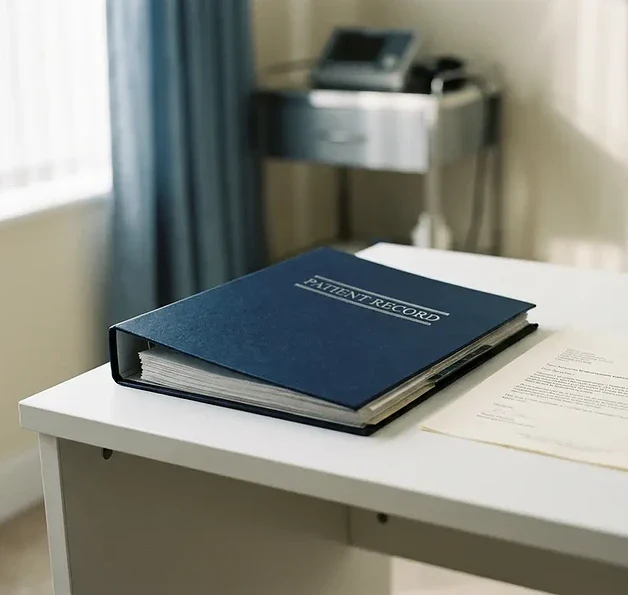Open medisch dossier op wit bureau met stethoscoop en formeel document in zacht natuurlijk licht.