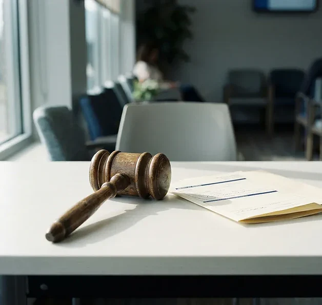 Houten rechtershamer naast gevouwen medisch document op wit bureau, wachtkamer ziekenhuis op achtergrond, serieuze sfeer.