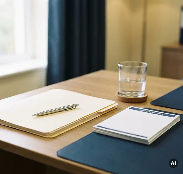 Houten bureau met gesloten manila map, zilveren pen en medische documenten naast een glas water, klaar voor een formele hoorzitting.