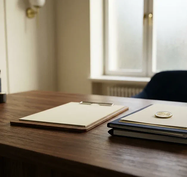 Houten bureau met medisch klembord, officiële documenten en een euromuntstuk in zacht natuurlijk licht.