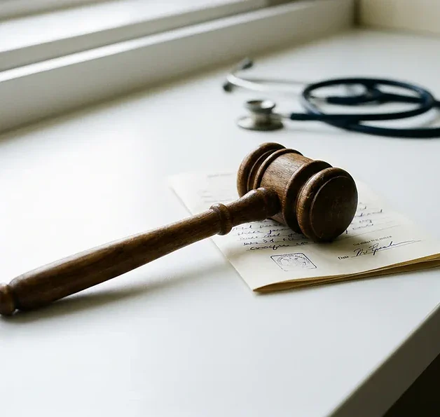 Houten rechtershamer naast gevouwen medisch document met stethoscoop op de achtergrond, zachte belichting, medisch recht thema.
