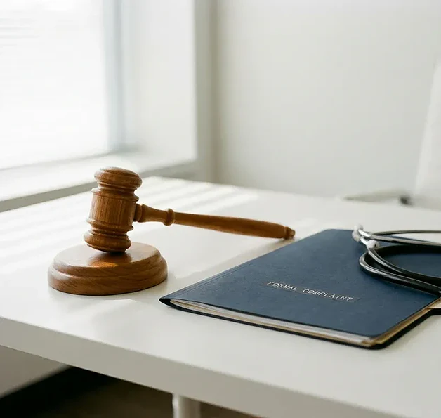 Houten rechtershamer naast een officiële klachtenmap en stethoscoop op wit bureau, symboliseert medische klachtenprocedure.