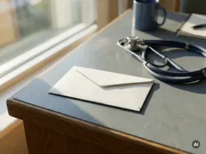 Ongeopende witte envelop op een klinisch bureau naast een stethoscoop, zijdelings natuurlijk licht met lange schaduw.