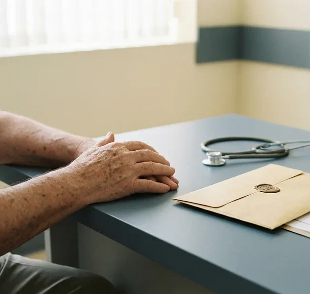 Patiëntenhanden op een bureau naast een verzegelde envelop en stethoscoop, met een formeel document gedeeltelijk zichtbaar.