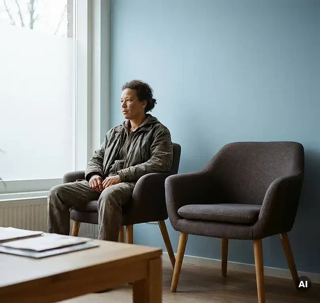 Patiënt alleen in een rustige klinische wachtkamer met lege stoel ernaast, zacht daglicht, moderne Nederlandse zorgomgeving.