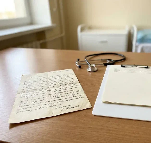 Handgeschreven patiëntenbrief naast een medisch klembord met lege formulieren, gescheiden door een stethoscoop op een klinisch bureau.