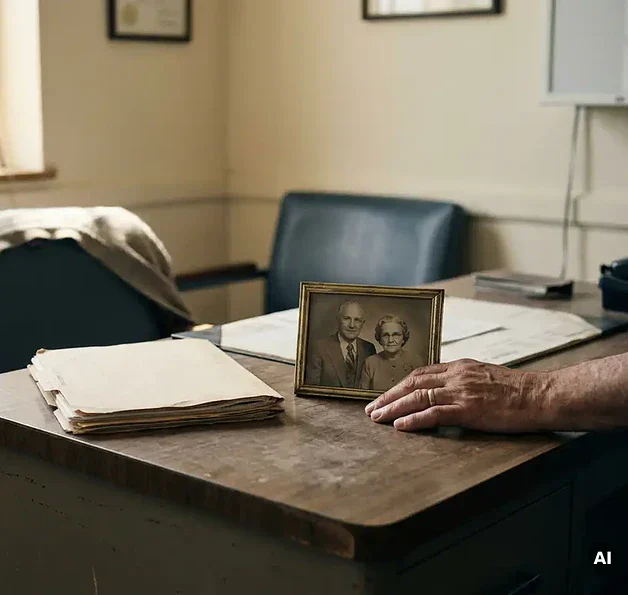 Verweerde houten bureau in een klinisch kantoor met een gesloten patiëntendossier, ingelijste foto en een rustende hand, zacht natuurlijk licht.