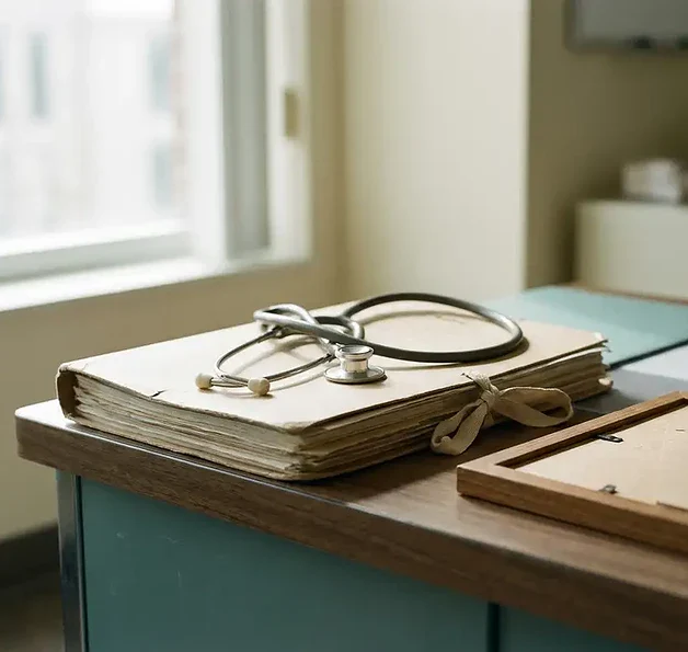 Dik patiëntendossier op klinisch bureau met stethoscoop erbovenop en omgekeerd certificaat ernaast.