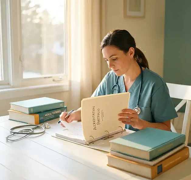 Verloskundige in scrubs bekijkt accreditatieportfolio aan wit bureau, met stethoscoop en medische naslagwerken in warm natuurlijk licht.