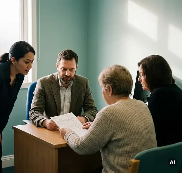 Patiënt en huisarts aan klinisch bureau met professionele tolk tijdens medisch consult in rustige zorgomgeving.