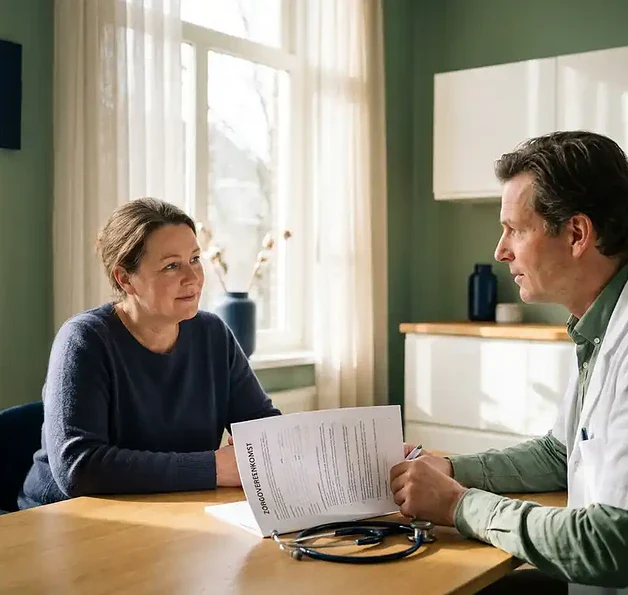 Patiënt en huisarts in gesprek aan bureau met zorgovereenkomst in Nederlandse praktijk, stethoscoop zichtbaar, warm natuurlijk licht.