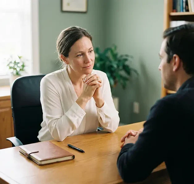 Zorgprofessional luistert aandachtig naar patiënt aan bureau in rustige klinische spreekkamer met warm, natuurlijk licht.